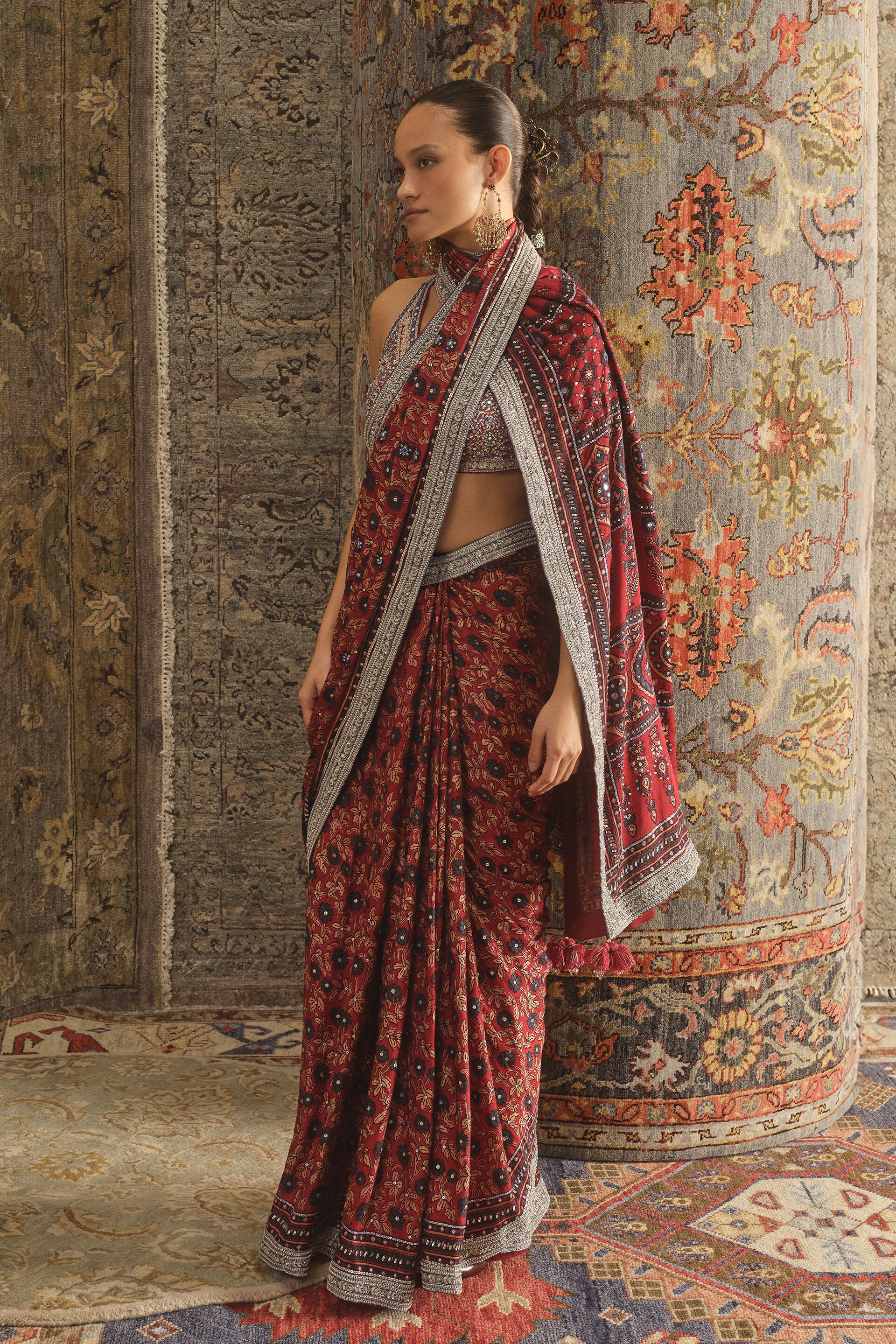 Grisha Ajrakh Hand-block Printed Silk Saree - Red
